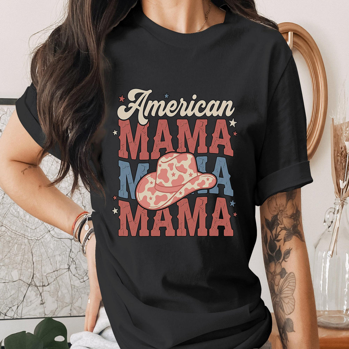 American Mama Shirt Patriotic Mom Tee USA Mama T-Shirt Western Cowboy Hat Mothers Gifts Idea 4th of July Outfit Gift for Mom