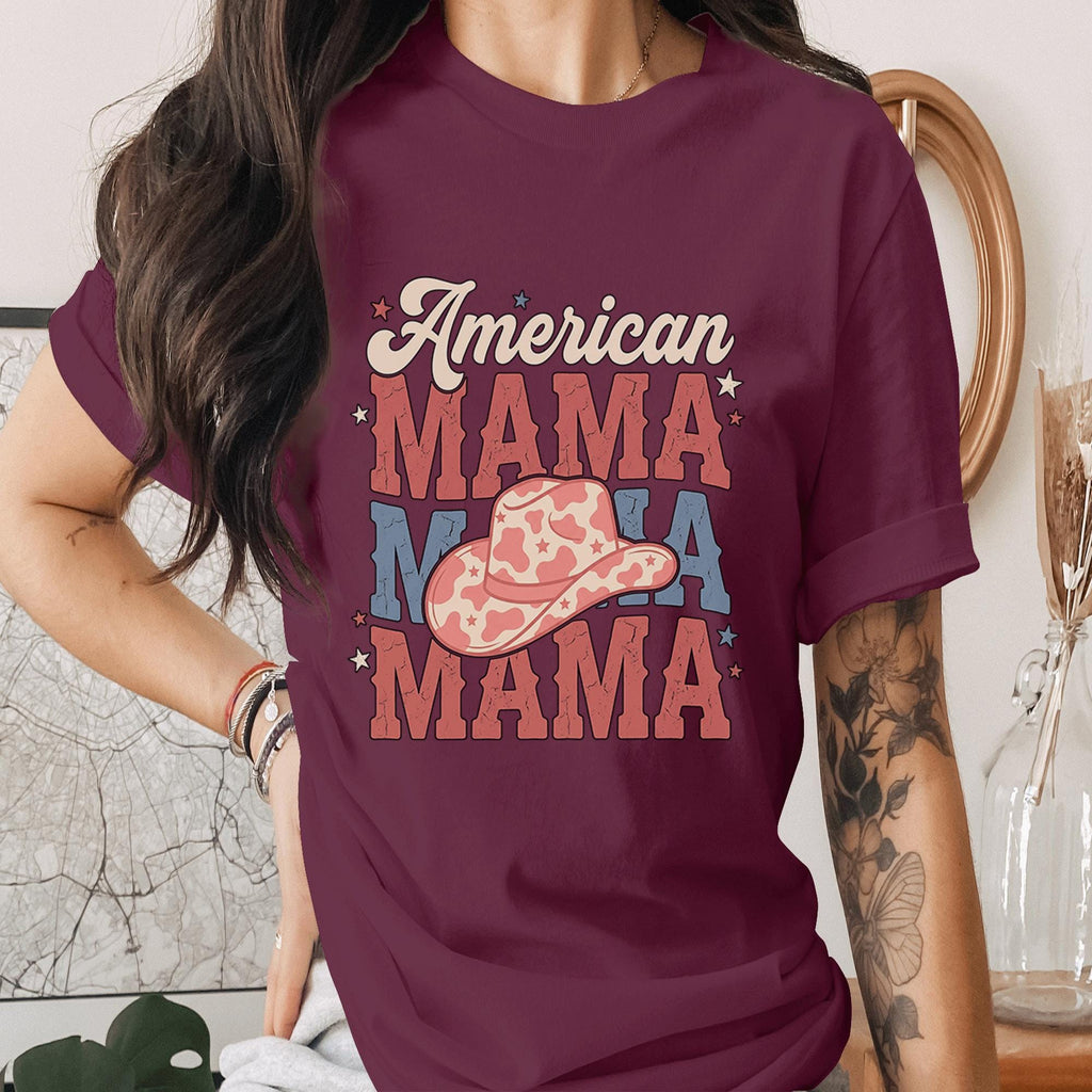 American Mama Shirt Patriotic Mom Tee USA Mama T-Shirt Western Cowboy Hat Mothers Gifts Idea 4th of July Outfit Gift for Mom