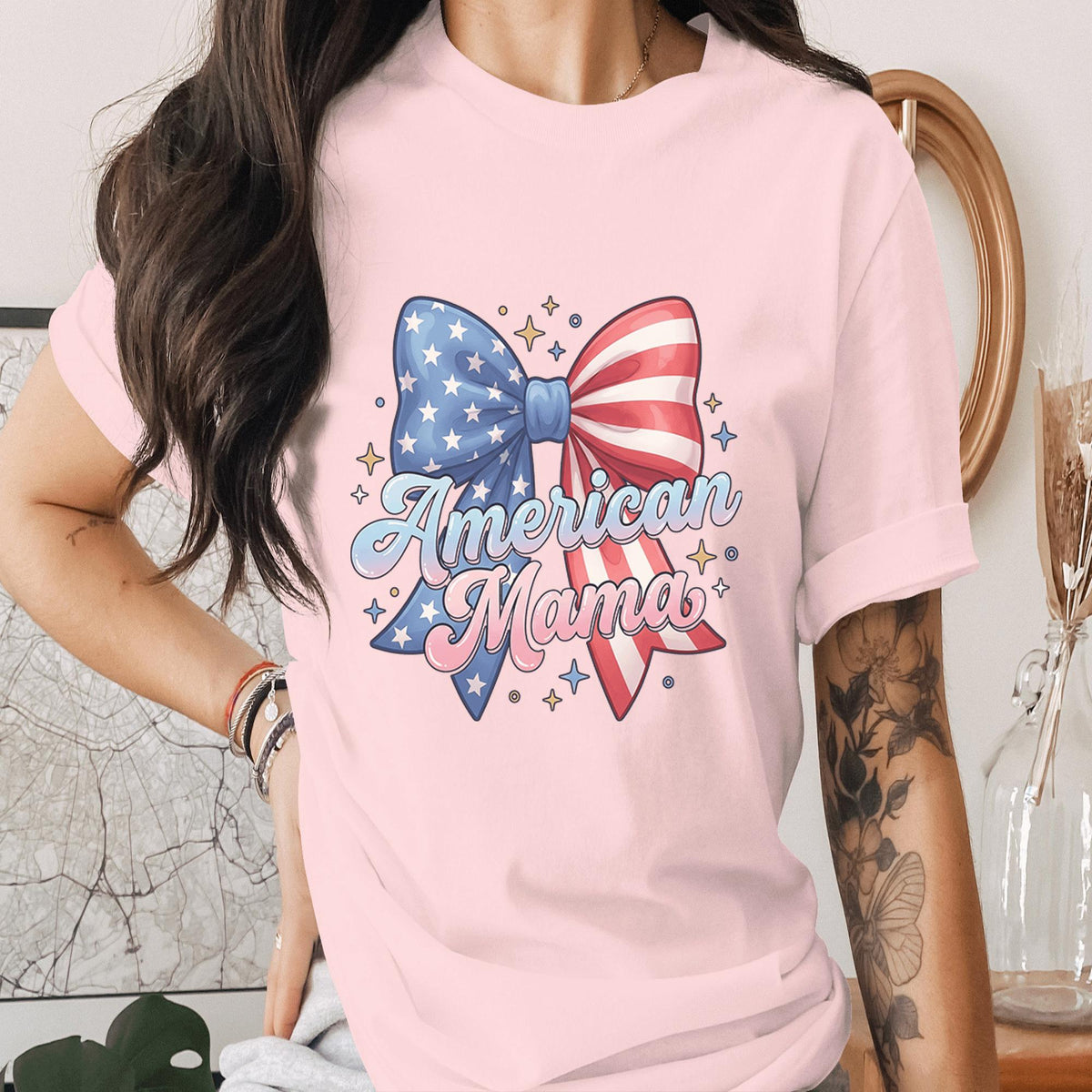 American Mama Bow Shirt Patriotic Mom Tee USA Flag Bow T-Shirt Mothers 4th of July Outfit Cute Independence Day Gift for Mom