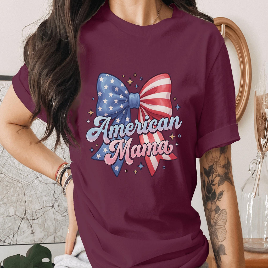 American Mama Bow Shirt Patriotic Mom Tee USA Flag Bow T-Shirt Mothers 4th of July Outfit Cute Independence Day Gift for Mom