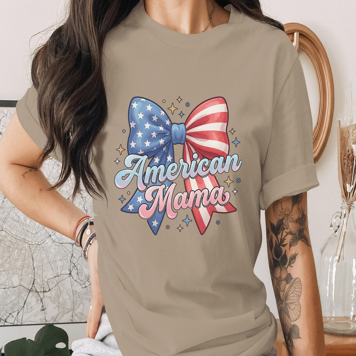 American Mama Bow Shirt Patriotic Mom Tee USA Flag Bow T-Shirt Mothers 4th of July Outfit Cute Independence Day Gift for Mom