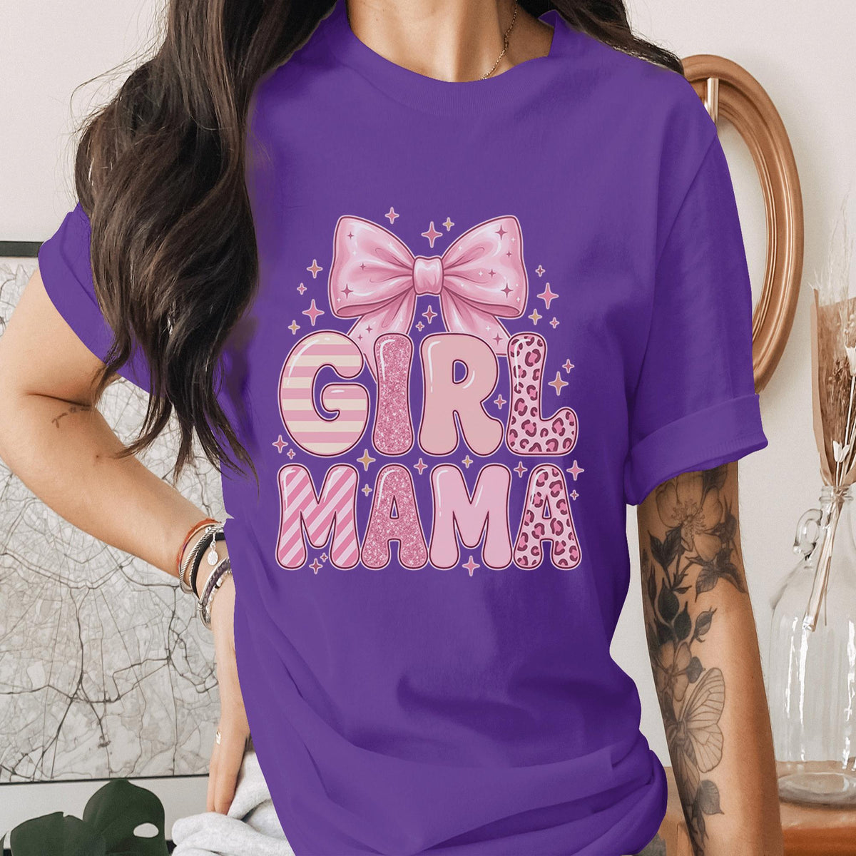 Girl Mama Shirt Pink Bow Mom Tee Cute Girly Mom T-Shirt Leopard Glitter Lettering Trendy Mothers day Gift Idea Aesthetic Top Mama Shirt