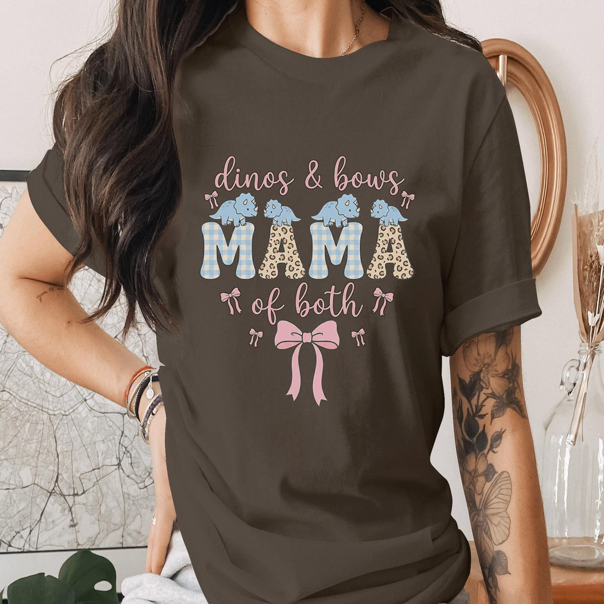 Dinos and Bows Mama Of Both Shirt Cute Boy Girl Mom Tee Dinosaur Bow Mom Shirt Trendy Mama T-Shirt Mothers Day Gift Idea