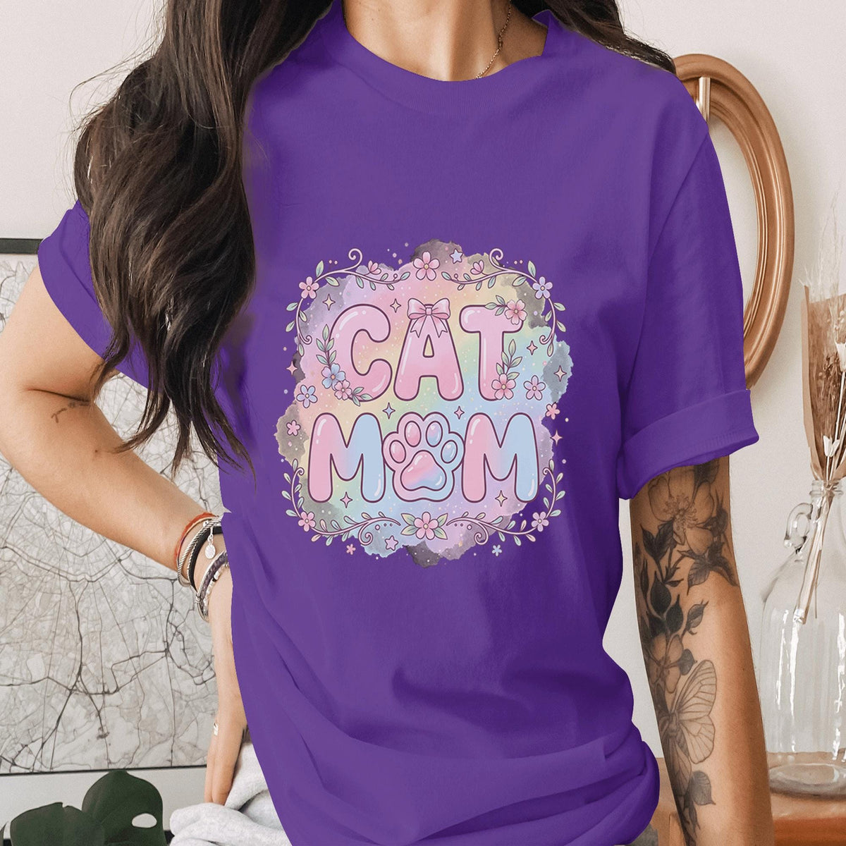 Cat Mom Shirt Cute Pastel Floral Cat Mom Tee Paw Print Mama Shirt Aesthetic Cat Lover Gift Trendy Pet Mom T-Shirt Mothers Day Gifts Idea