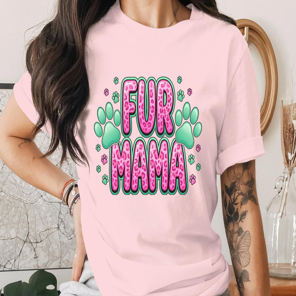 Fur Mama Shirt Pink Leopard Dog Mom Tee Cute Pet Lover T-Shirt Paw Print Gift for Dog Lover Cat Mom Gift Animal Lover Shirt Mothers Day