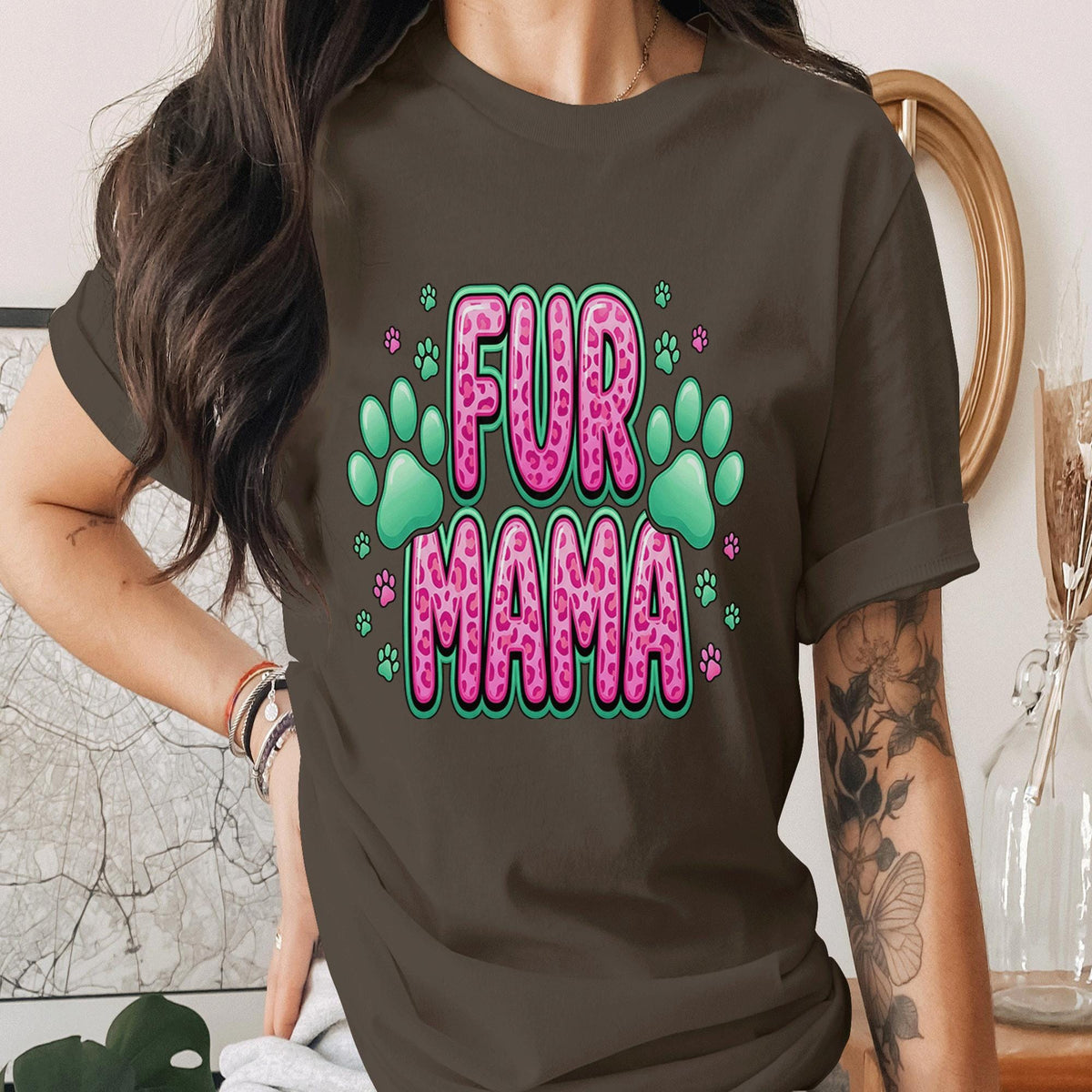 Fur Mama Shirt Pink Leopard Dog Mom Tee Cute Pet Lover T-Shirt Paw Print Gift for Dog Lover Cat Mom Gift Animal Lover Shirt Mothers Day
