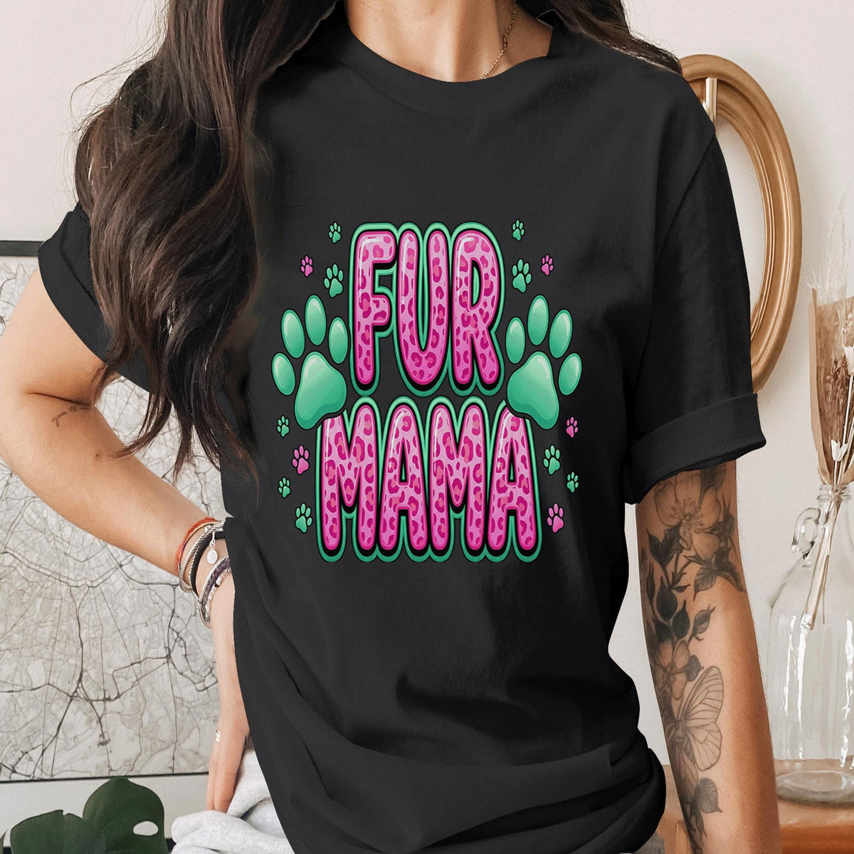 Fur Mama Shirt Pink Leopard Dog Mom Tee Cute Pet Lover T-Shirt Paw Print Gift for Dog Lover Cat Mom Gift Animal Lover...