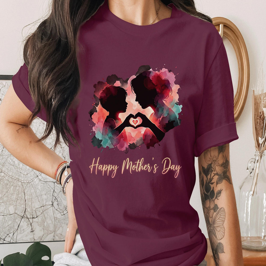 Happy Mothers Day Shirt Mom and Child Love Silhouette Tee Watercolor Art Mom Gift Emotional Motherhood T-Shirt Family Love Mama Shirt