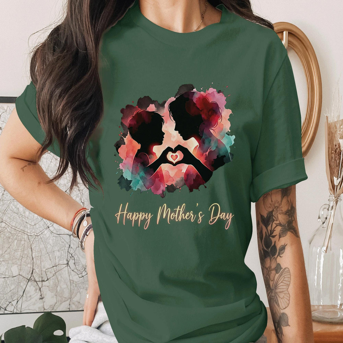 Happy Mothers Day Shirt Mom and Child Love Silhouette Tee Watercolor Art Mom Gift Emotional Motherhood T-Shirt Family Love Mama Shirt