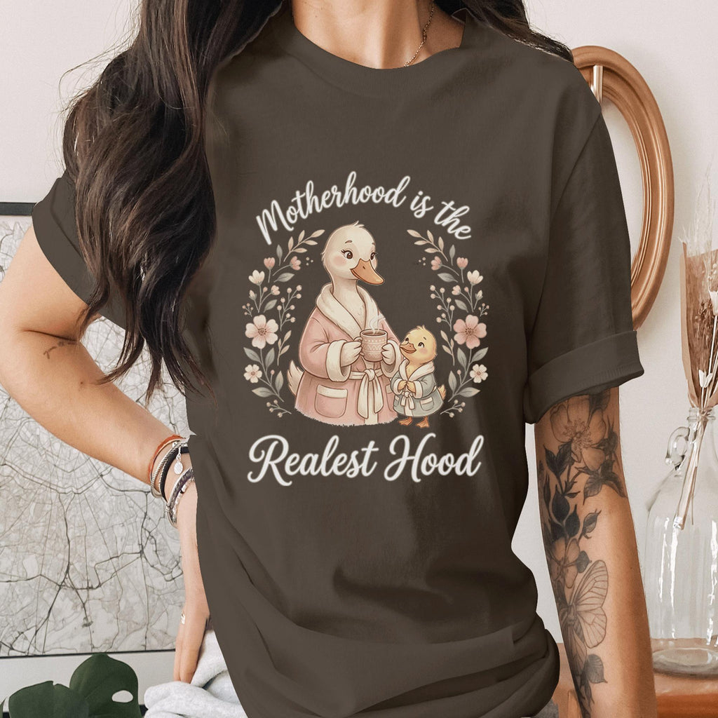 Motherhood Is the Realest Hood Shirt Cute Duck Mom Tee Funny Mom Life Shirt Cozy Mama Gift Animal Lover Mothers Day Shirt