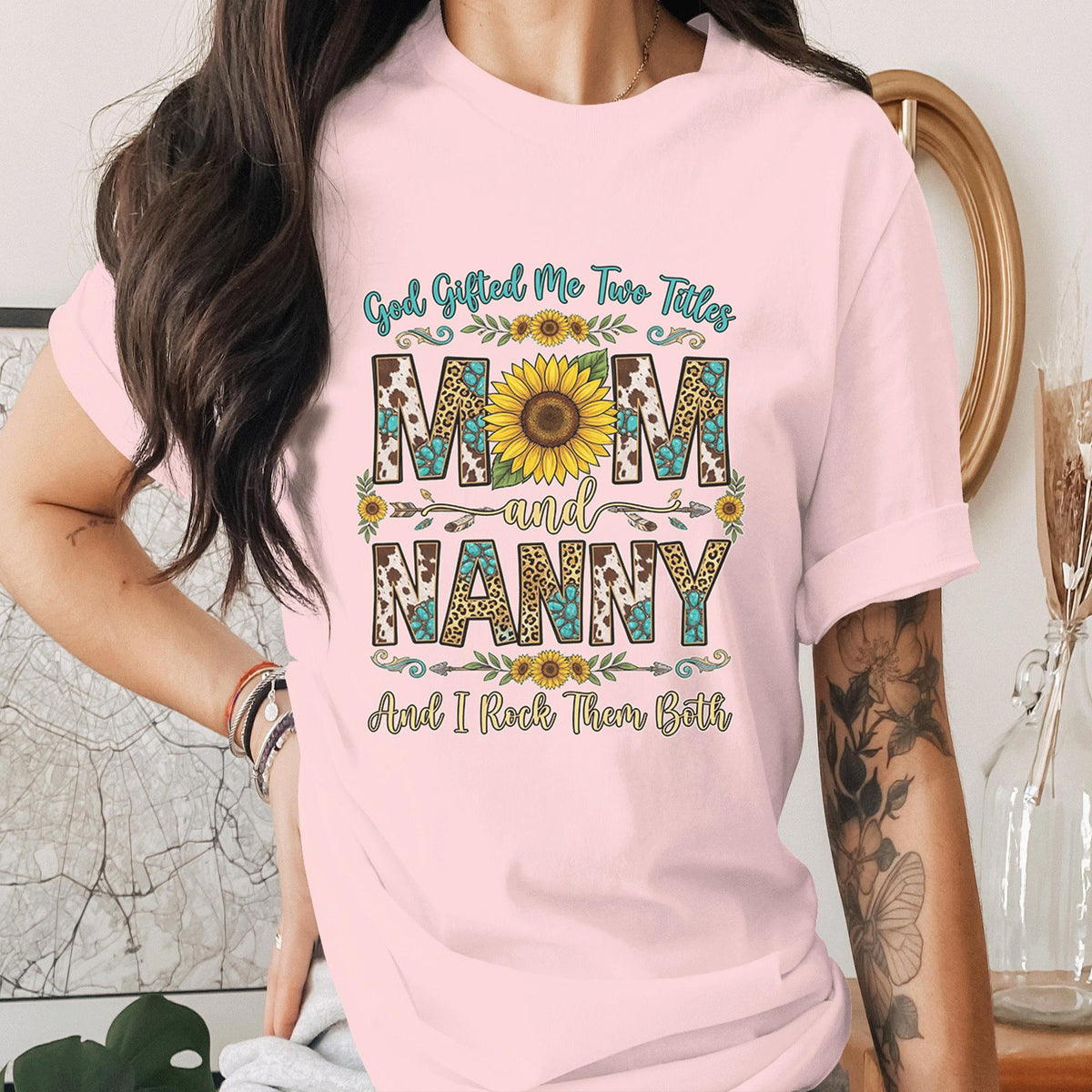 God Gifted Me Two Titles Mom and Nanny Shirt Sunflower Leopard Print Tee Grandma Gift Proud Mom Nana Shirt Mothers Day Gift Idea Mama shirt