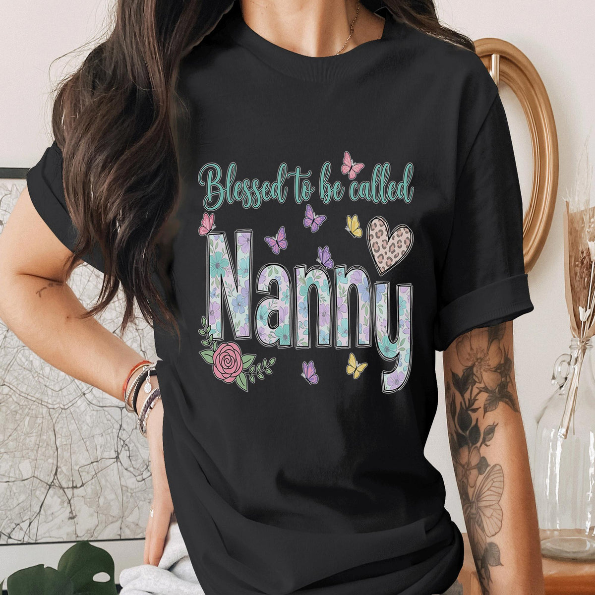 Blessed to Be Called Nanny Shirt Floral Nana Tee Cute Grandma Gift Butterfly Flower Nana Shirt Mothers Day Gift for G...