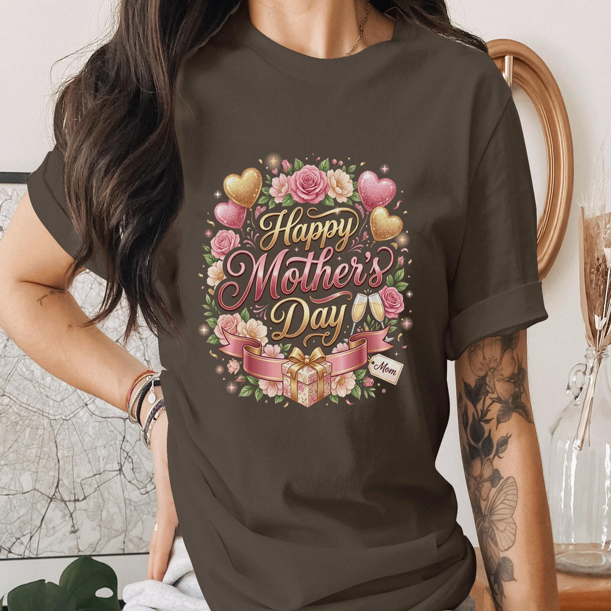Happy Mothers Day Shirt Floral Heart Mom Gift Tee Cute Mama Shirt Pink Gold Heart Mom Shirt Gift for Her Mothers Day Tee