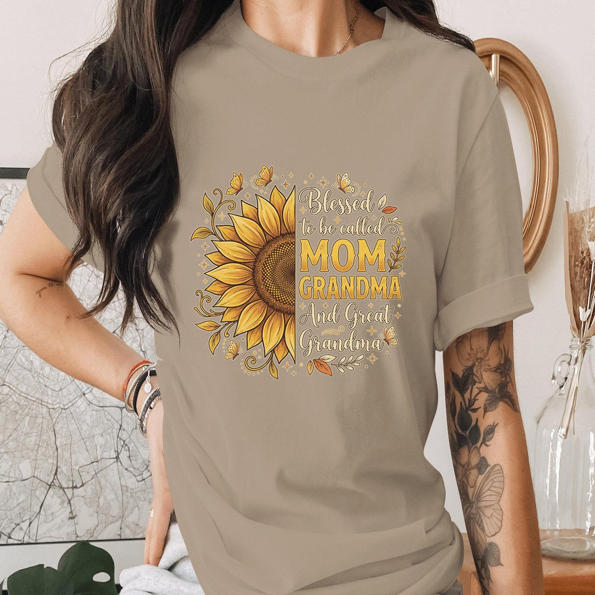Blessed to Be Called Mom Grandma Great Grandma Sunflower Shirt, Mother Day Gift Tee, Floral Family Mama Shirt for Mom Grandma Gift Idea