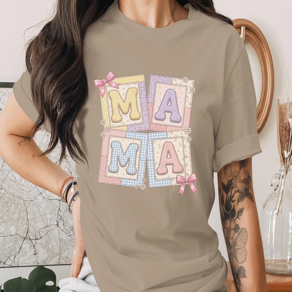 Mama Patchwork Shirt Cute Pastel Mom Tee, Aesthetic Mama Shirt Gift for Mom, Vintage Style Mama Shirt Mothers Day Gift Idea for Women