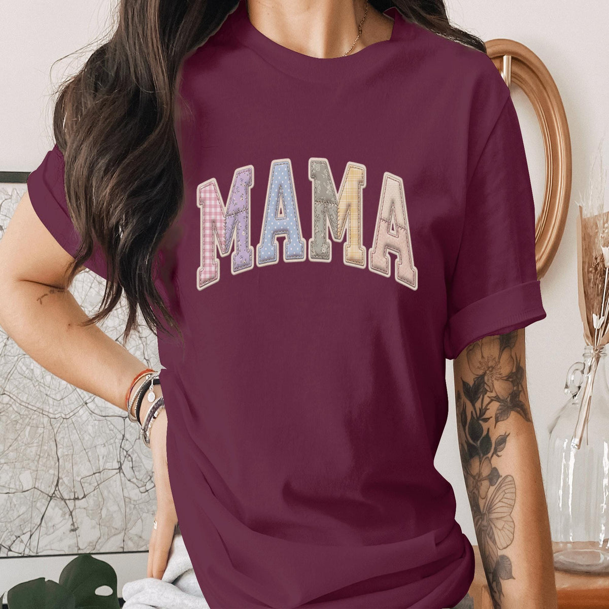 Mama Patchwork Varsity Shirt Vintage Style Mom Tee, Cute Pastel Mama Shirt Gift for Mom, Trendy Aesthetic Mothers Day Gift Shirt Women