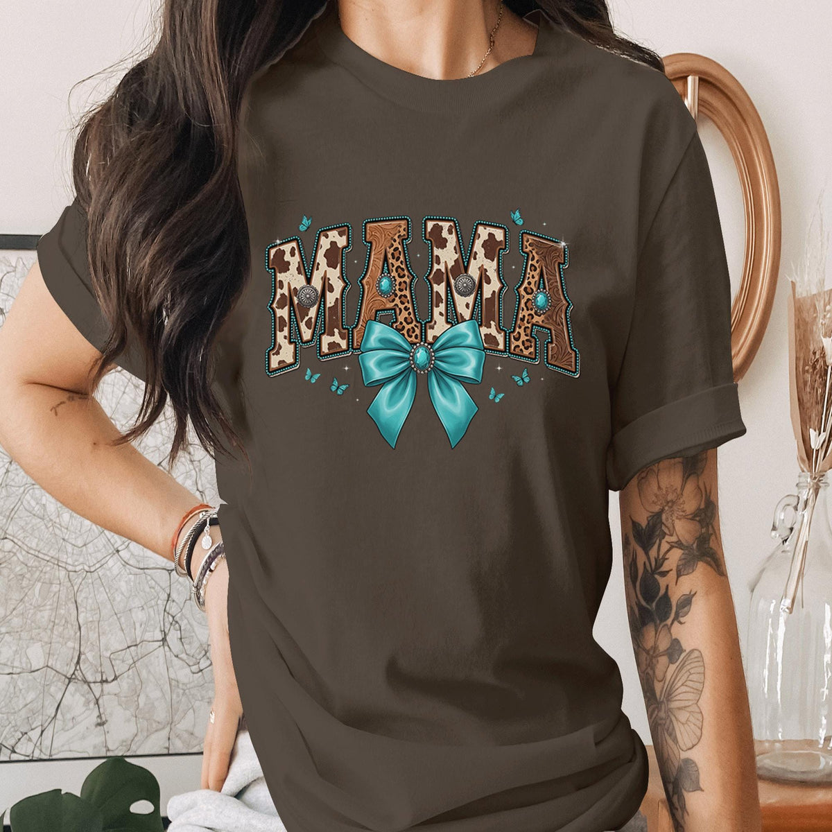 Mama Western Cow Print Shirt Turquoise Bow Tee Rustic Cowhide Mama Shirt Country Mom Gift Western Style Mama Tee Mothers Day Gifts Idea