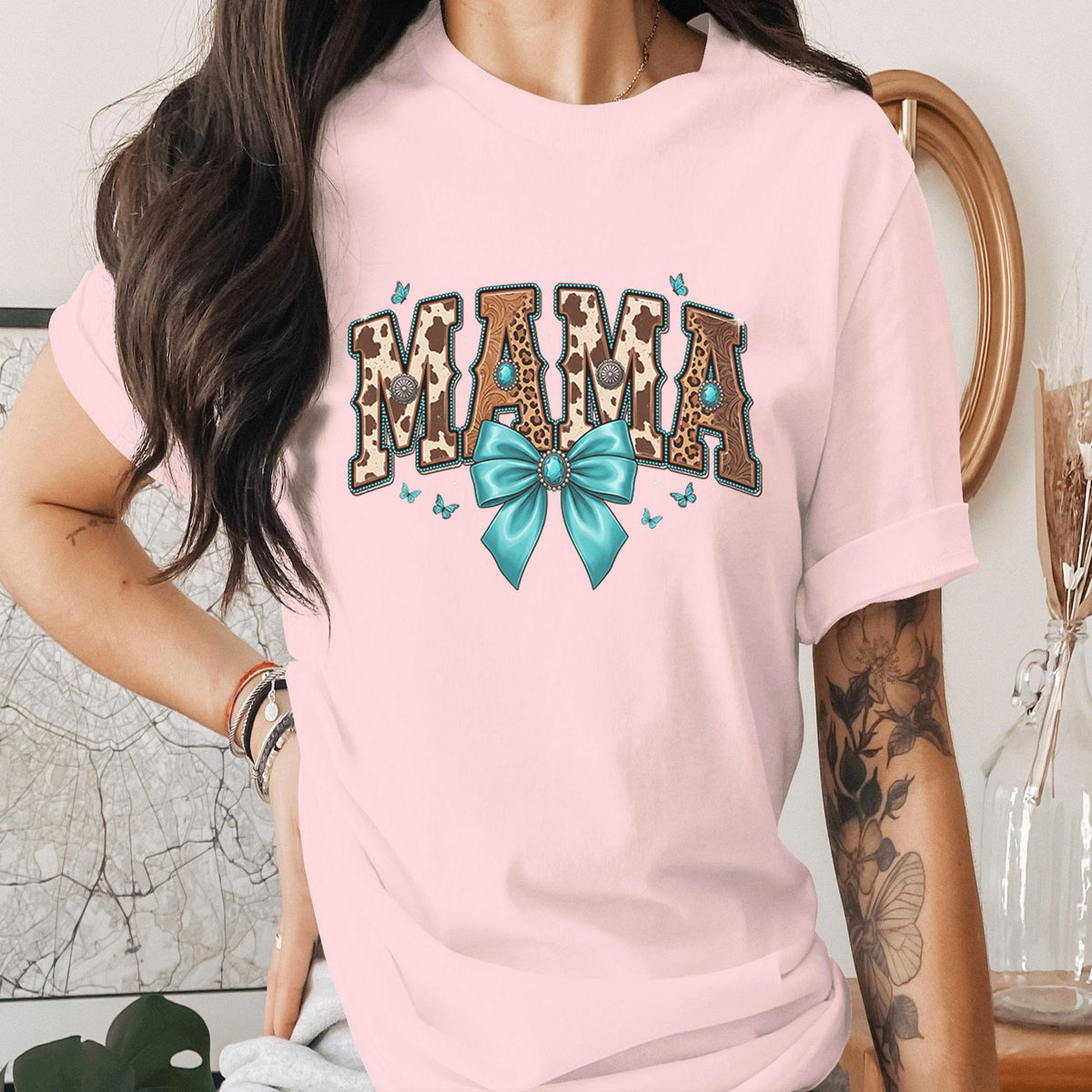 Mama Western Cow Print Shirt Turquoise Bow Tee Rustic Cowhide Mama Shirt Country Mom Gift Western Style Mama Tee Moth...