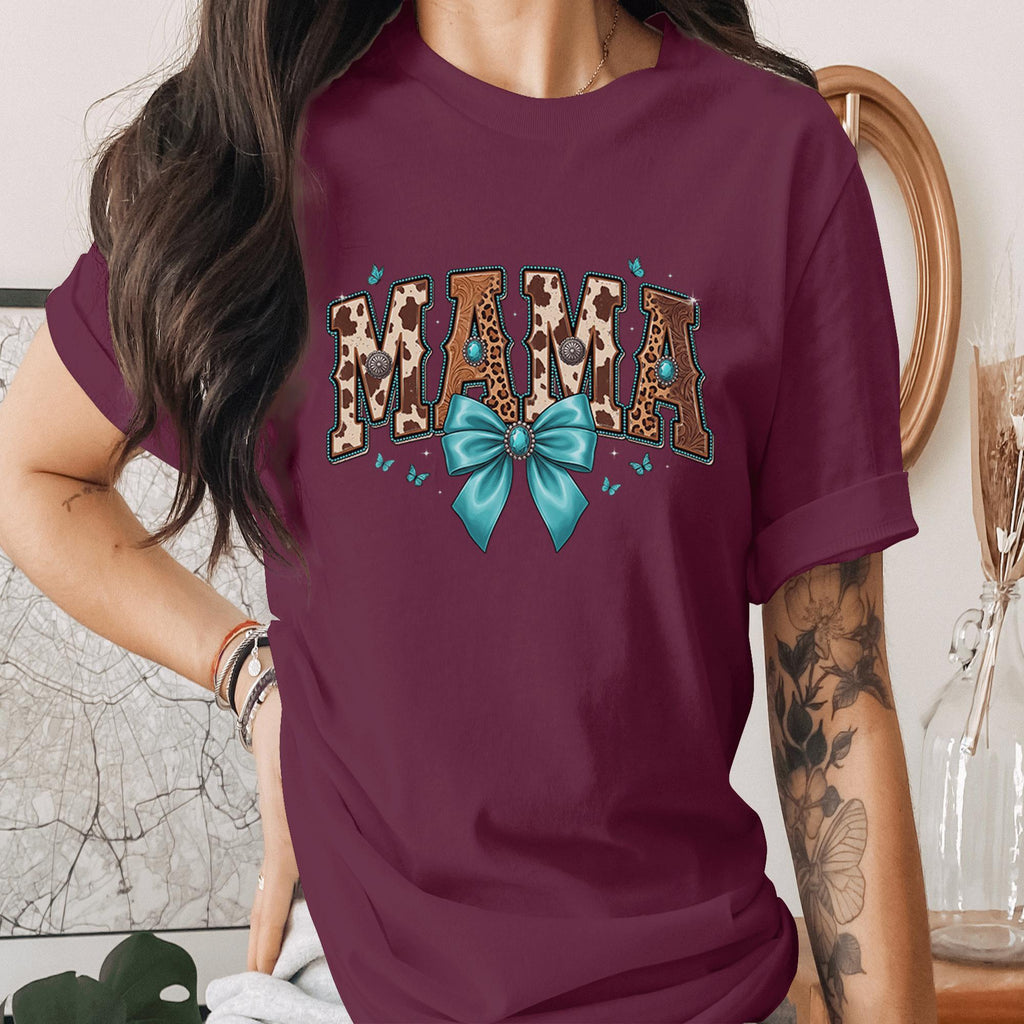 Mama Western Cow Print Shirt Turquoise Bow Tee Rustic Cowhide Mama Shirt Country Mom Gift Western Style Mama Tee Mothers Day Gifts Idea