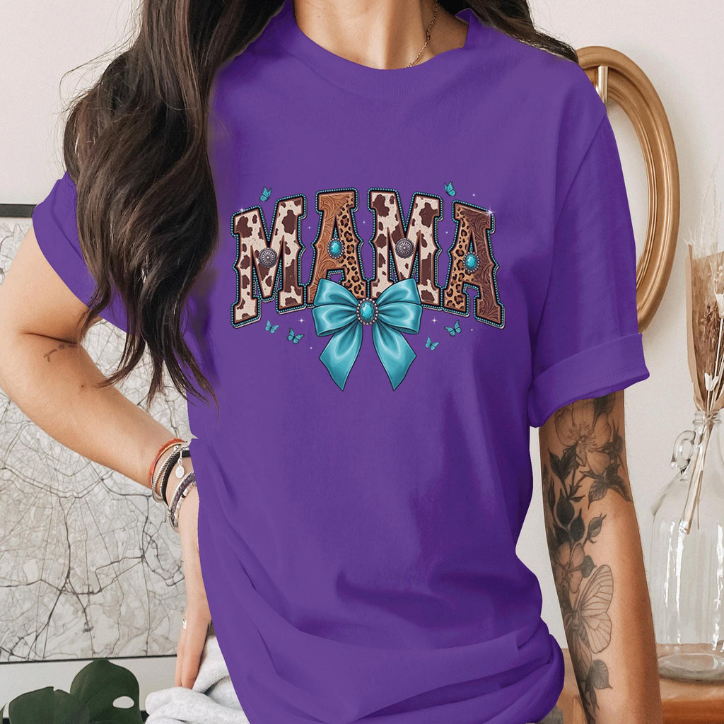 Mama Western Cow Print Shirt Turquoise Bow Tee Rustic Cowhide Mama Shirt Country Mom Gift Western Style Mama Tee Mothers Day Gifts Idea