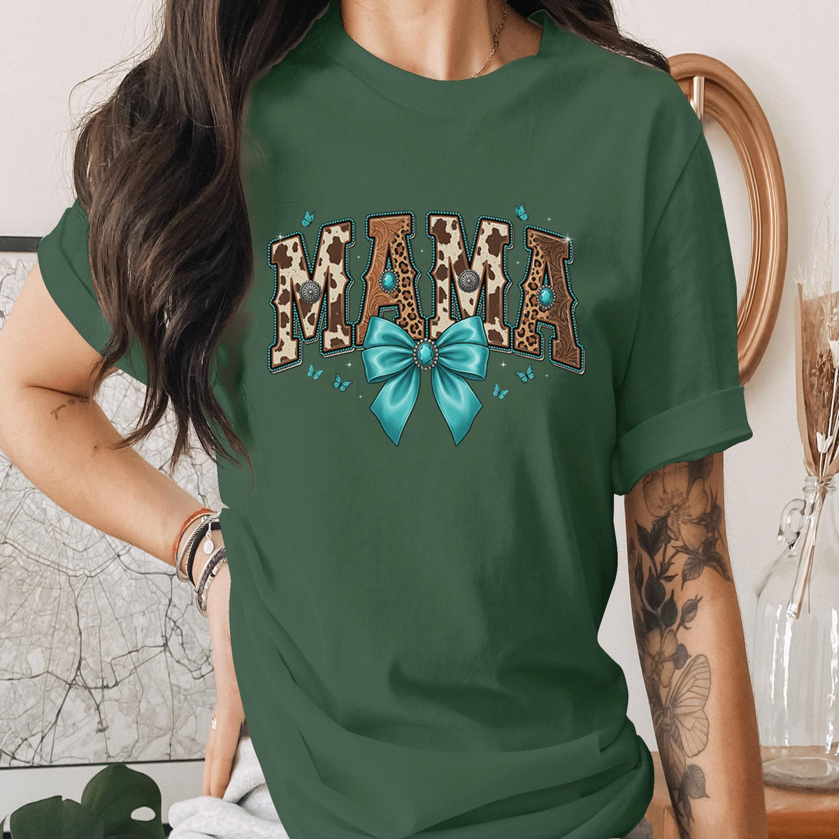 Mama Western Cow Print Shirt Turquoise Bow Tee Rustic Cowhide Mama Shirt Country Mom Gift Western Style Mama Tee Mothers Day Gifts Idea