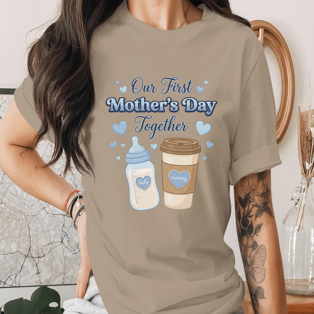 Our First Mothers Day Together Shirt Blue Baby Bottle Mom Coffee Tee New Mom Gift First Mothers Day Shirt Cute Mom Baby Tee Mama shirt