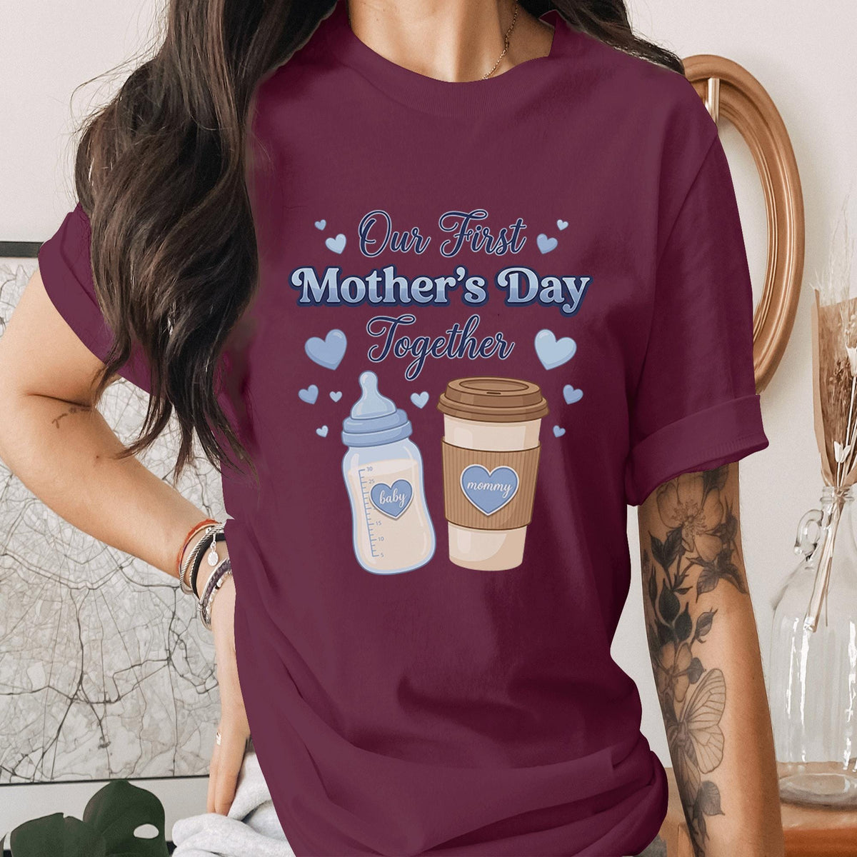 Our First Mothers Day Together Shirt Blue Baby Bottle Mom Coffee Tee New Mom Gift First Mothers Day Shirt Cute Mom Baby Tee Mama shirt