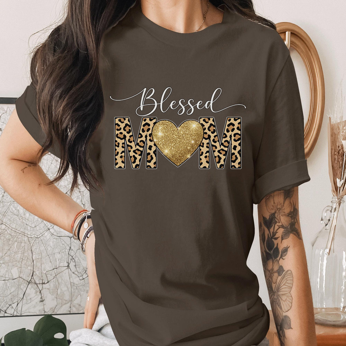 Blessed Mom Shirt Leopard Print Heart Tee Trendy Mama Shirt Cute Mothers Day Gift Stylish Mom Tee Gold Heart Mom Shirt