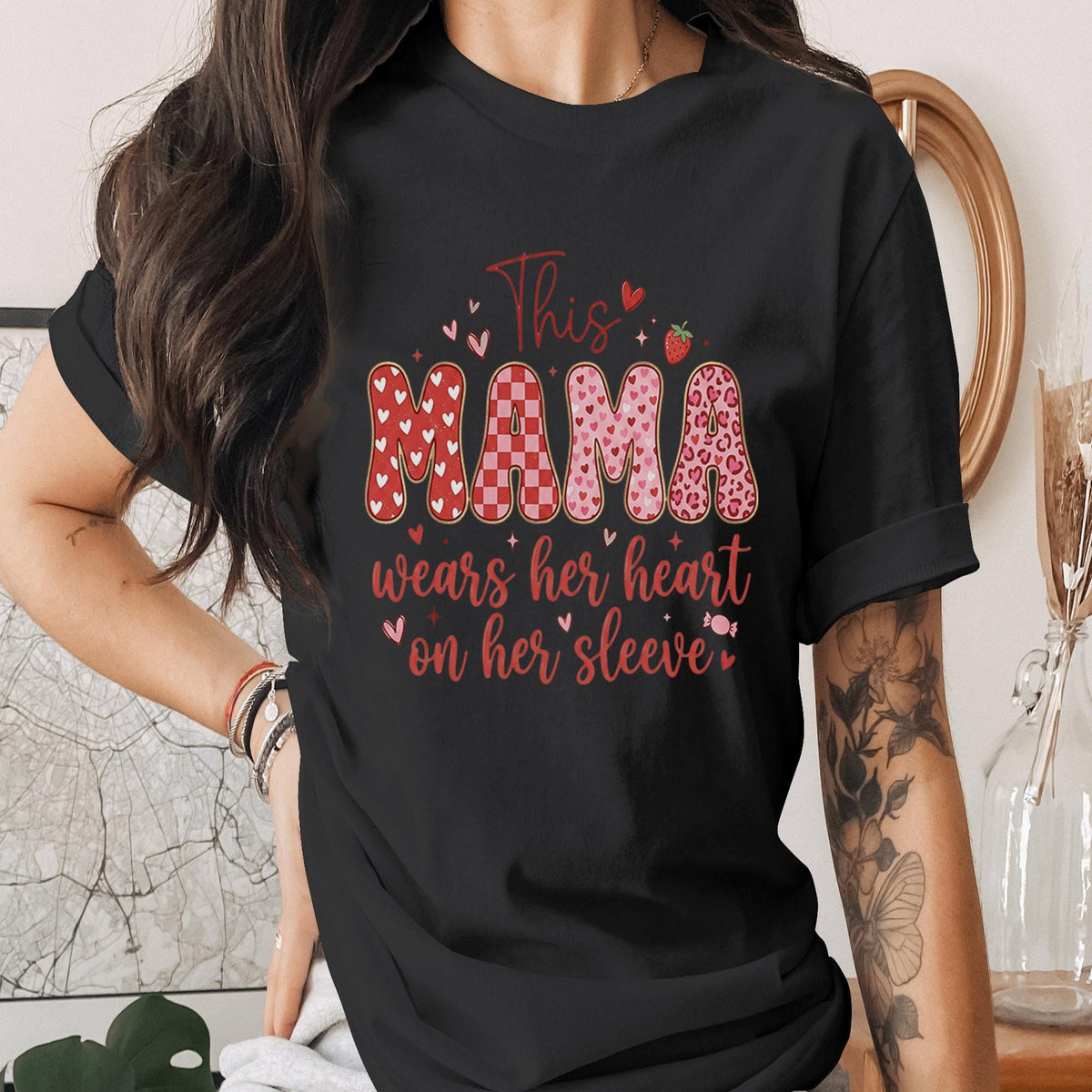 This Mama Wears Her Heart On Her Sleeve Shirt Cute Mothers Day Tee Funny Mom Life Shirt Pink Red Heart Mama Tee Gift