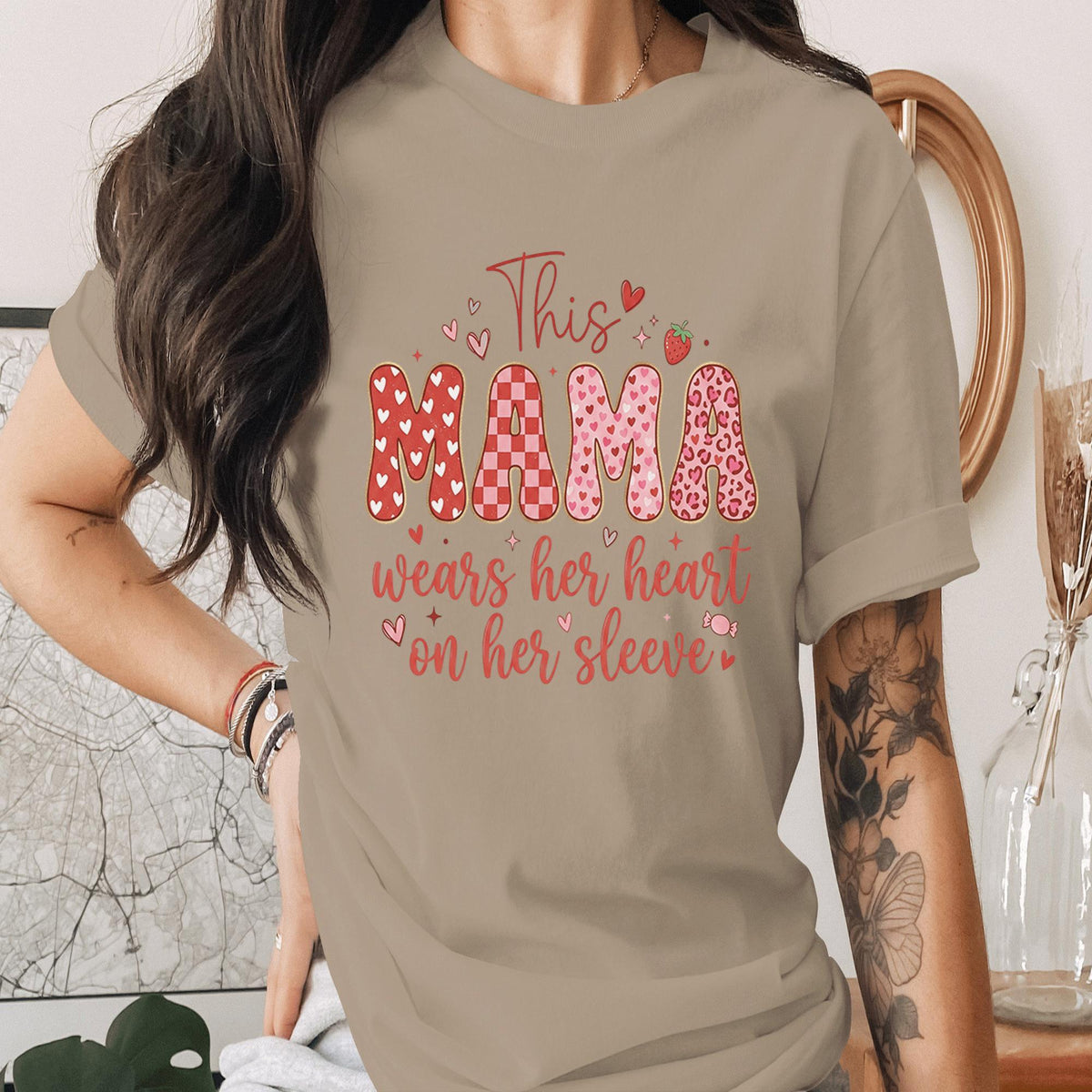 This Mama Wears Her Heart On Her Sleeve Shirt Cute Mothers Day Tee Funny Mom Life Shirt Pink Red Heart Mama Tee Gift