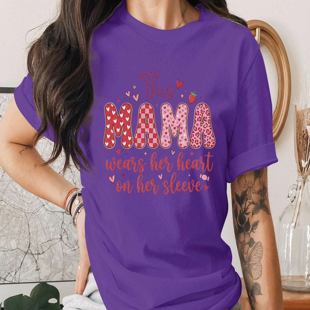 This Mama Wears Her Heart On Her Sleeve Shirt Cute Mothers Day Tee Funny Mom Life Shirt Pink Red Heart Mama Tee Gift