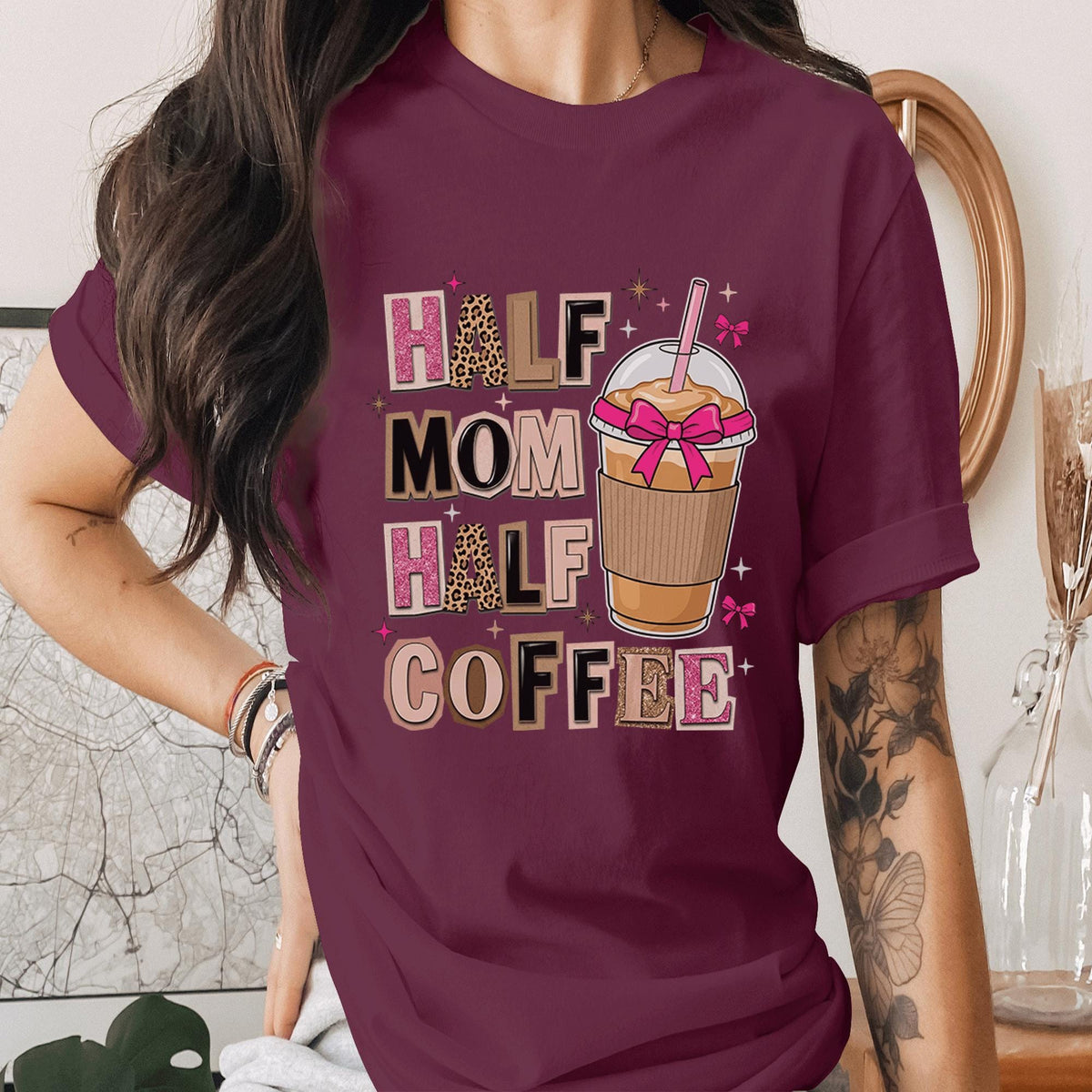 Half Mom Half Coffee Shirt Funny Mom Life Tee Cute Coffee Lover Mama Shirt Motherhood Humor Gift for Moms Mothers Day Shirt