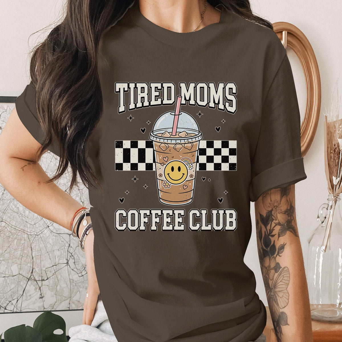 Tired Moms Coffee Club Shirt Funny Mom Coffee Tee Retro Checkered Mama Shirt Cute Iced Coffee Lover Gift Mothers Day Tee