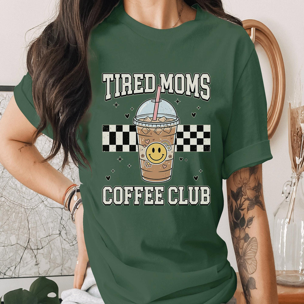 Tired Moms Coffee Club Shirt Funny Mom Coffee Tee Retro Checkered Mama Shirt Cute Iced Coffee Lover Gift Mothers Day Tee