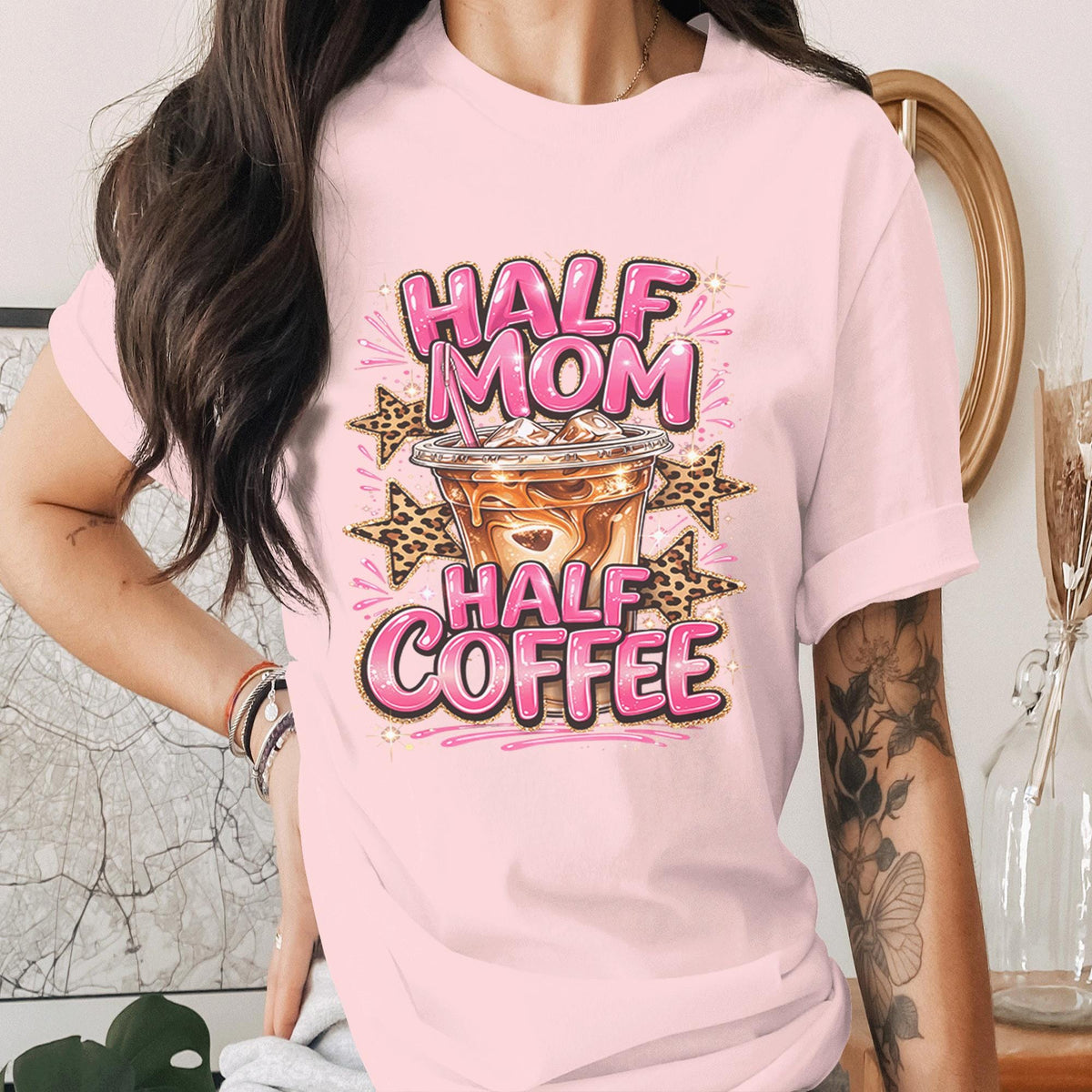 Half Mom Half Coffee Shirt Funny Mom Coffee Lover Tee Cute Pink Leopard Print Mama Shirt Trendy Mothers Day Gift Idea for Moms