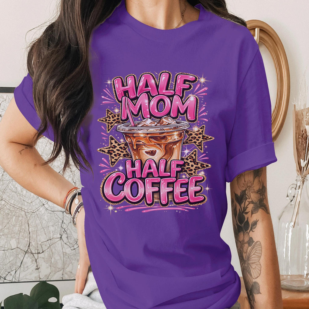 Half Mom Half Coffee Shirt Funny Mom Coffee Lover Tee Cute Pink Leopard Print Mama Shirt Trendy Mothers Day Gift Idea for Moms