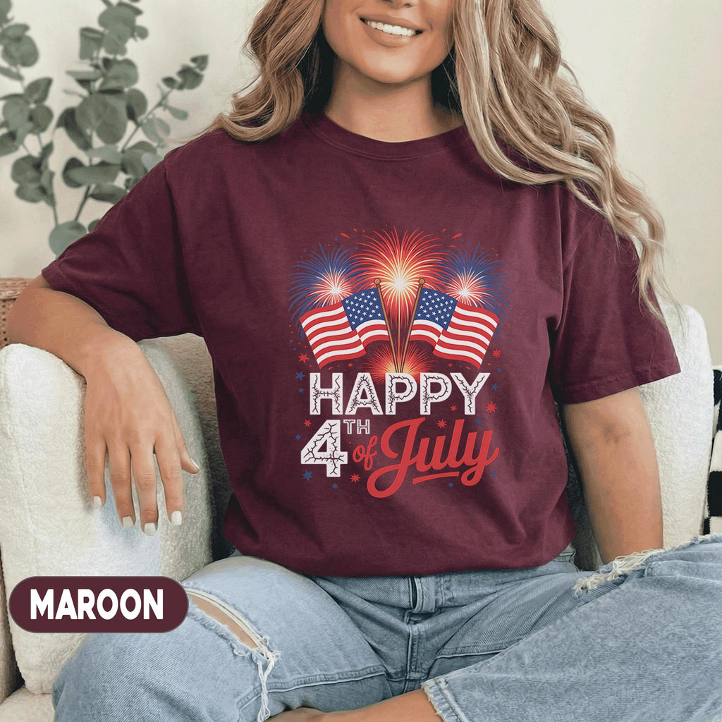 Happy 4th of July Shirt Patriotic Fireworks Tee American Flag Independence Day Shirt USA Celebration Red White Blue Top Forth of July Shirts