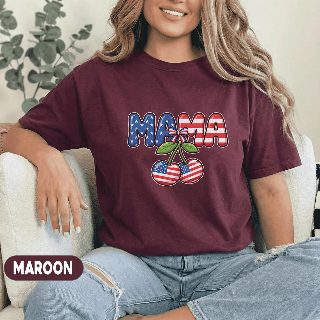Mama Patriotic Cherry Shirt 4th of July Mom Tee American Flag Cherry Forth of July Cute USA Mama Shirt Independence Day Women Top Mothers