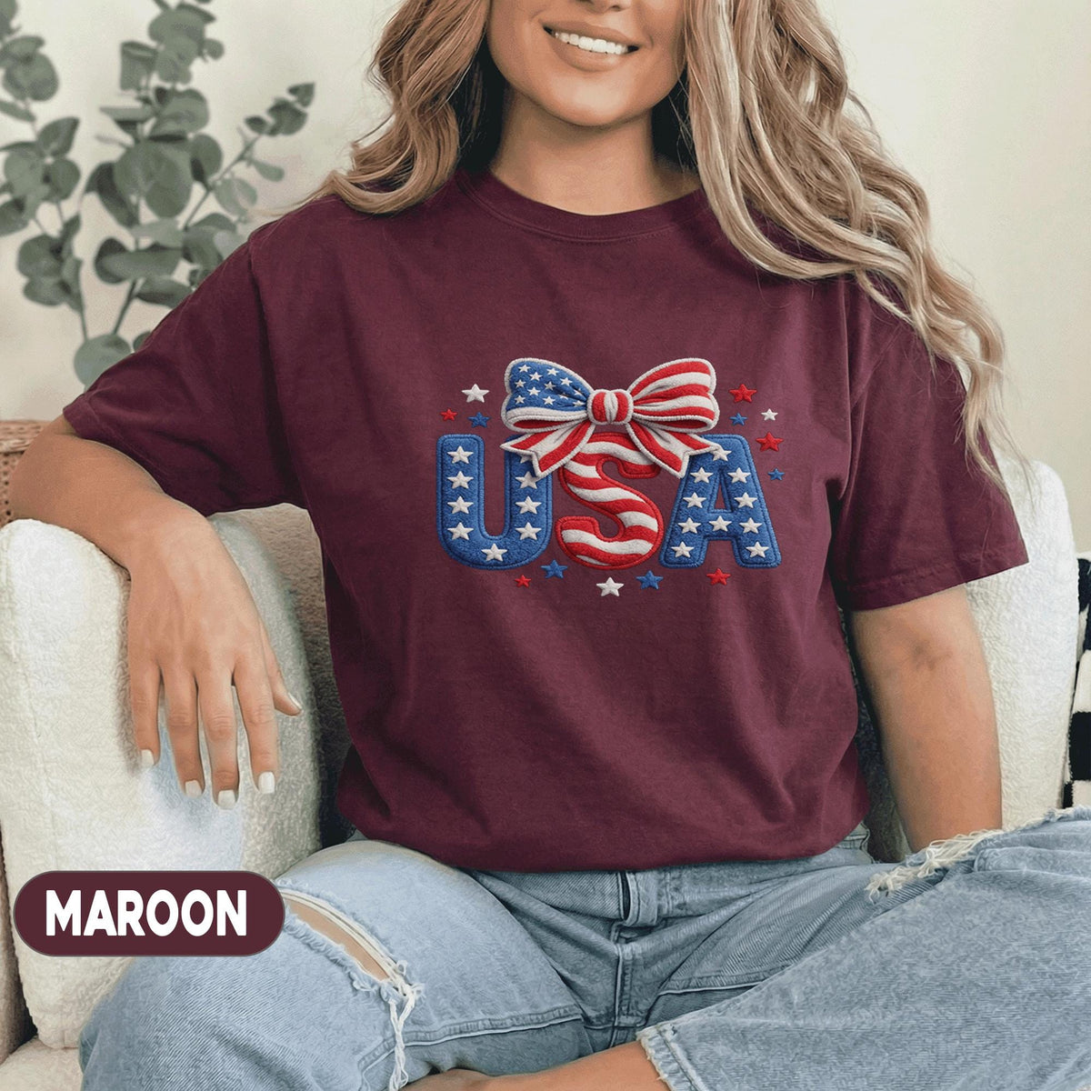 USA Patriotic Bow Shirt 4th of July Women Tee American Flag Shirt Independence Day Cute Patriotic Forth of July Tee Red White Blue Top