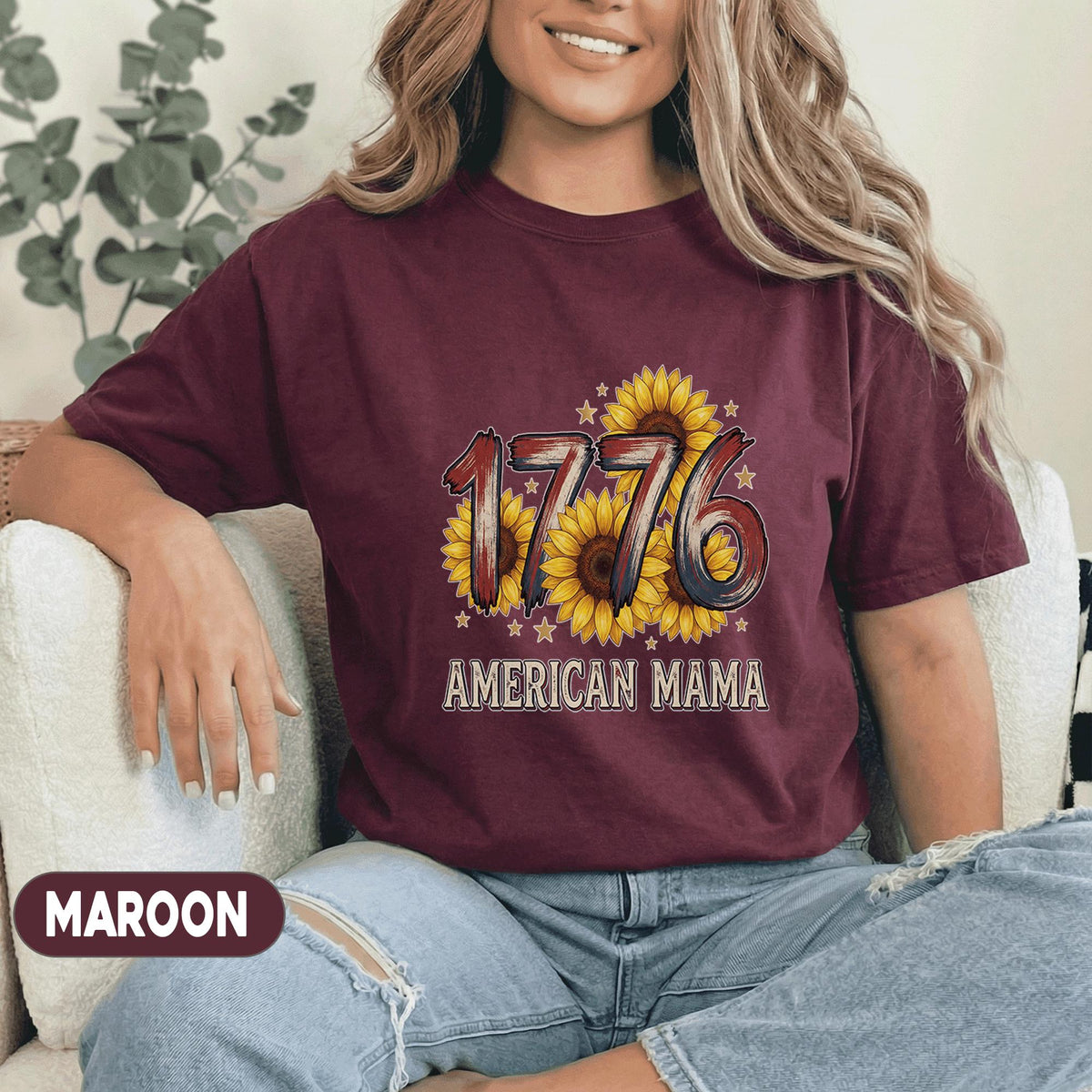 1776 American Mama Shirt Patriotic Sunflower Tee 4th of July Mom Shirt Vintage USA Flag Mothers Independence Day Women Top