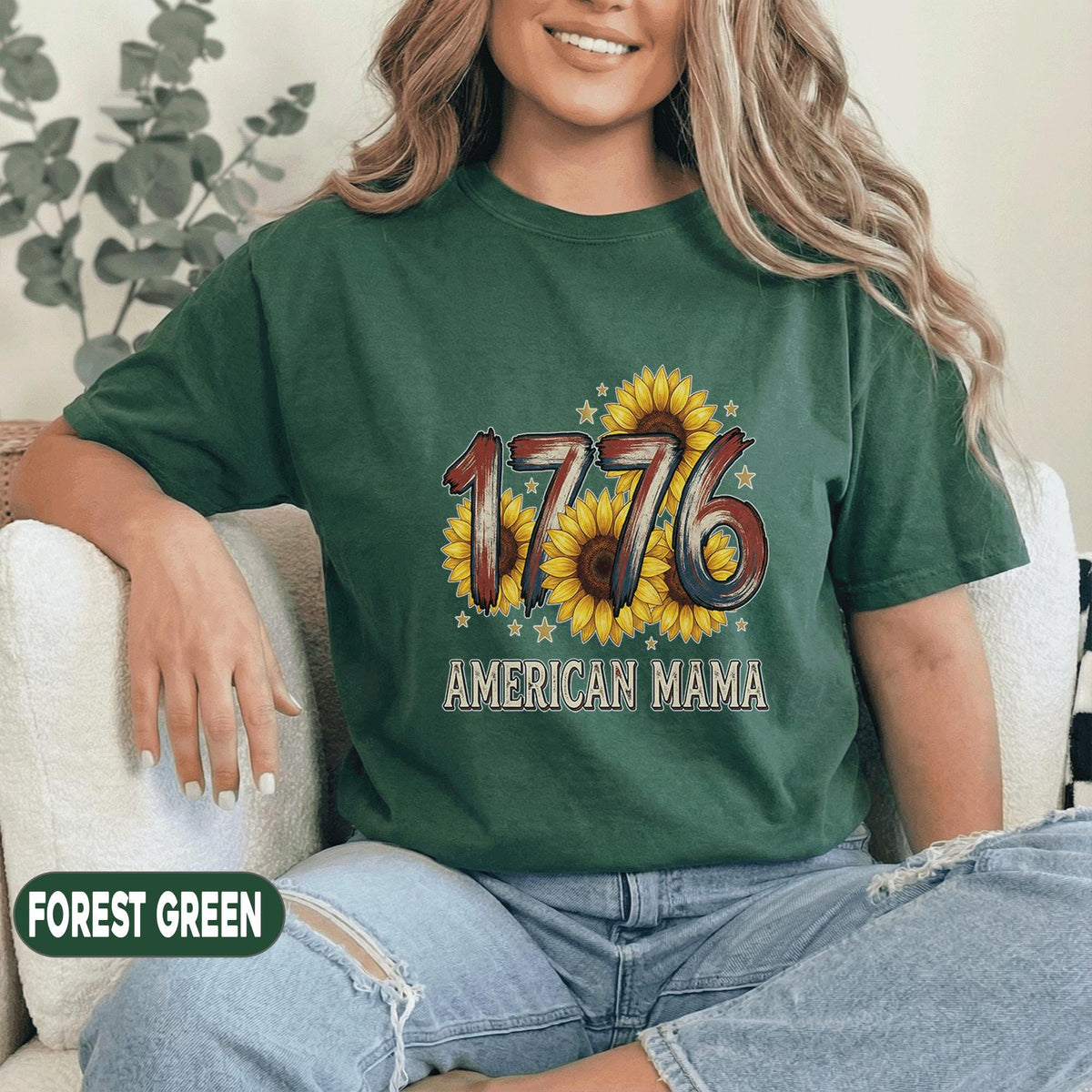 1776 American Mama Shirt Patriotic Sunflower Tee 4th of July Mom Shirt Vintage USA Flag Mothers Independence Day Women Top