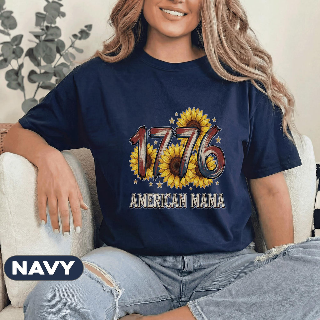 1776 American Mama Shirt Patriotic Sunflower Tee 4th of July Mom Shirt Vintage USA Flag Mothers Independence Day Women Top