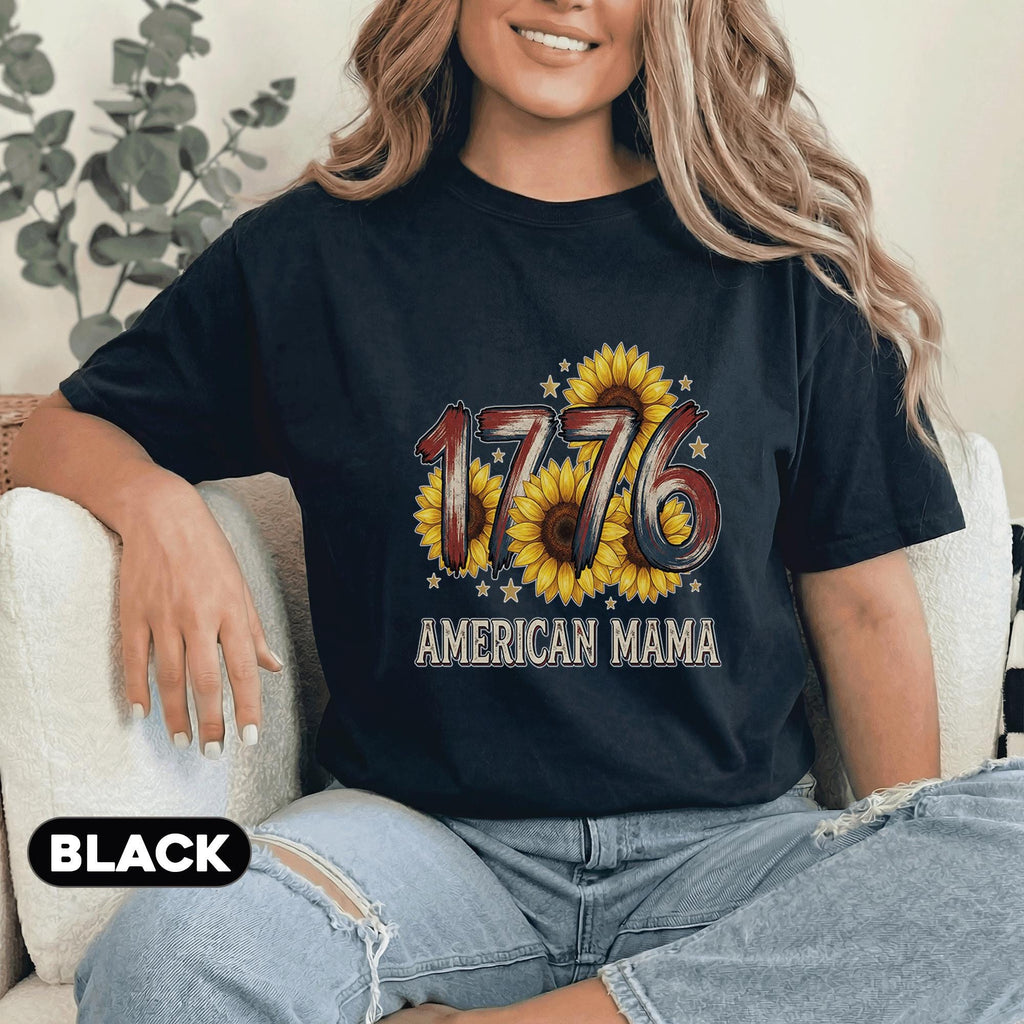 1776 American Mama Shirt Patriotic Sunflower Tee 4th of July Mom Shirt Vintage USA Flag Mothers Independence Day Wome...