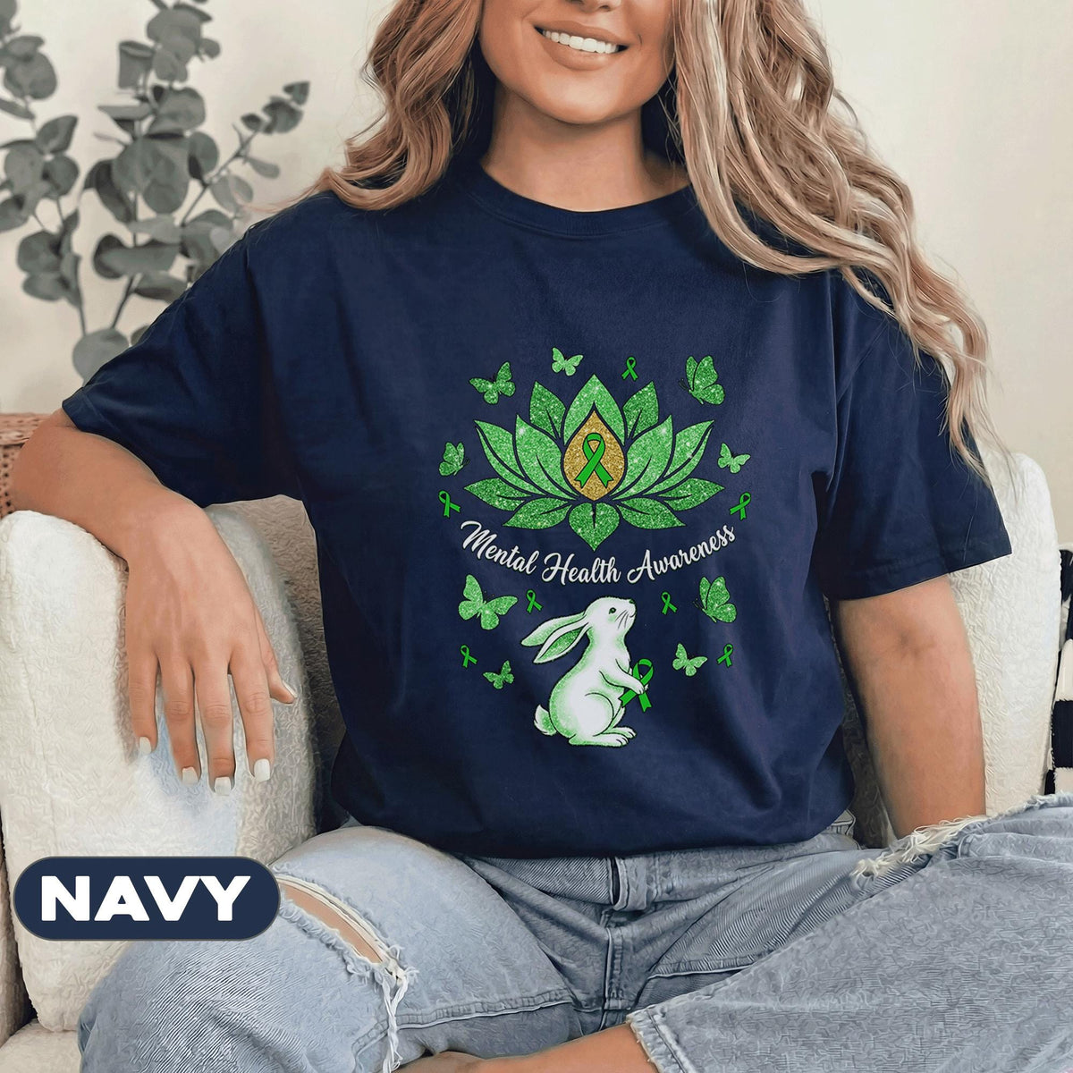 Mental Health Awareness Lotus Flower Shirt Green Ribbon Bunny Butterfly Tee Inspirational Support Gift Unisex Green T Shirt