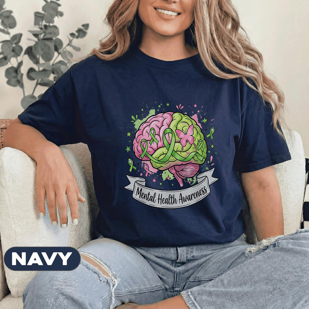 Mental Health Awareness Shirt Brain Green Ribbon Butterfly Forest Green Tee Mental Health Support Gift Unisex Green Awareness Shirt