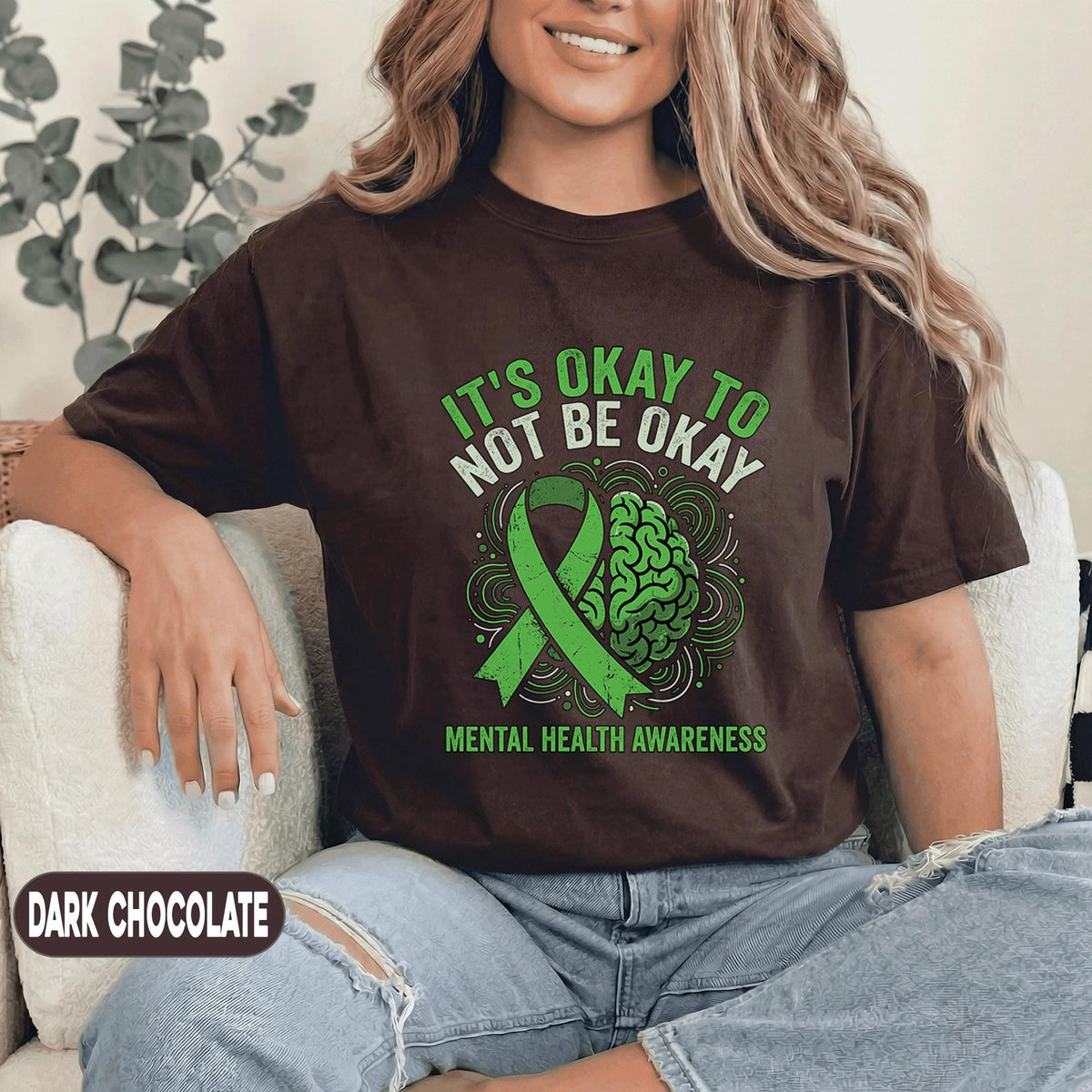 It’s Okay To Not Be Okay Shirt Mental Health Awareness Tee Green Ribbon Brain Design Inspirational Support Unisex Green T Shirt