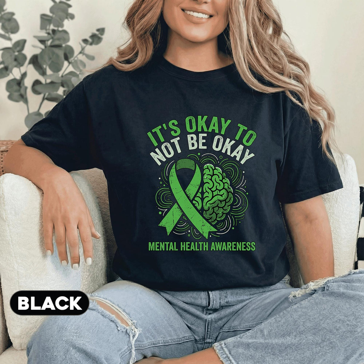 It’s Okay To Not Be Okay Shirt Mental Health Awareness Tee Green Ribbon Brain Design Inspirational Support Unisex Gre...
