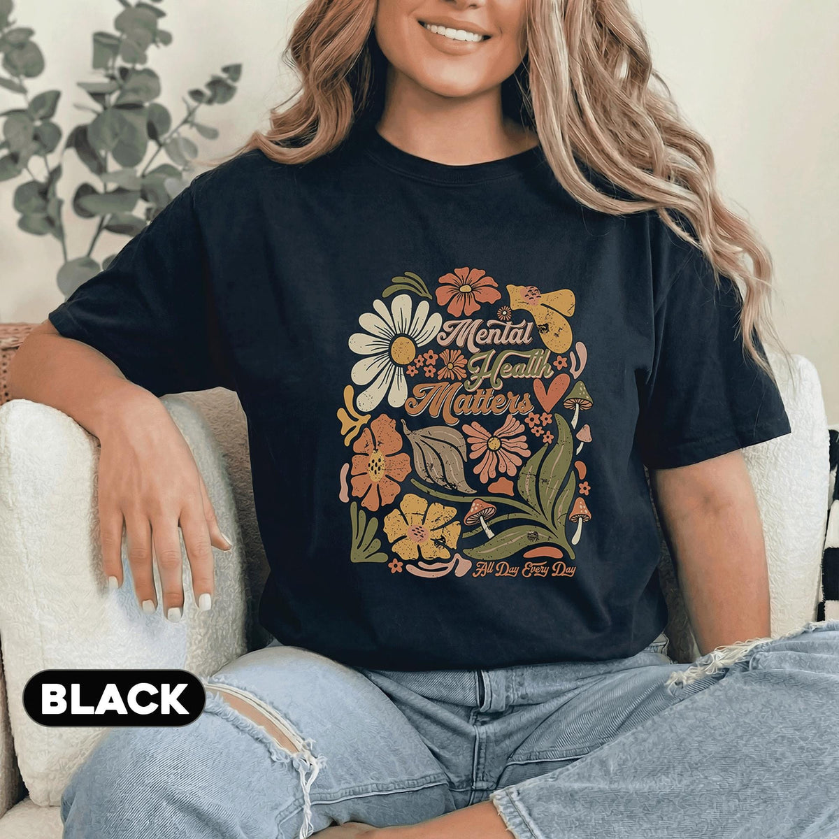 Mental Health Matters Shirt Retro Floral Design Forest Green Tee Mental Health Awareness Gift Vintage Flower Boho Support Shirt