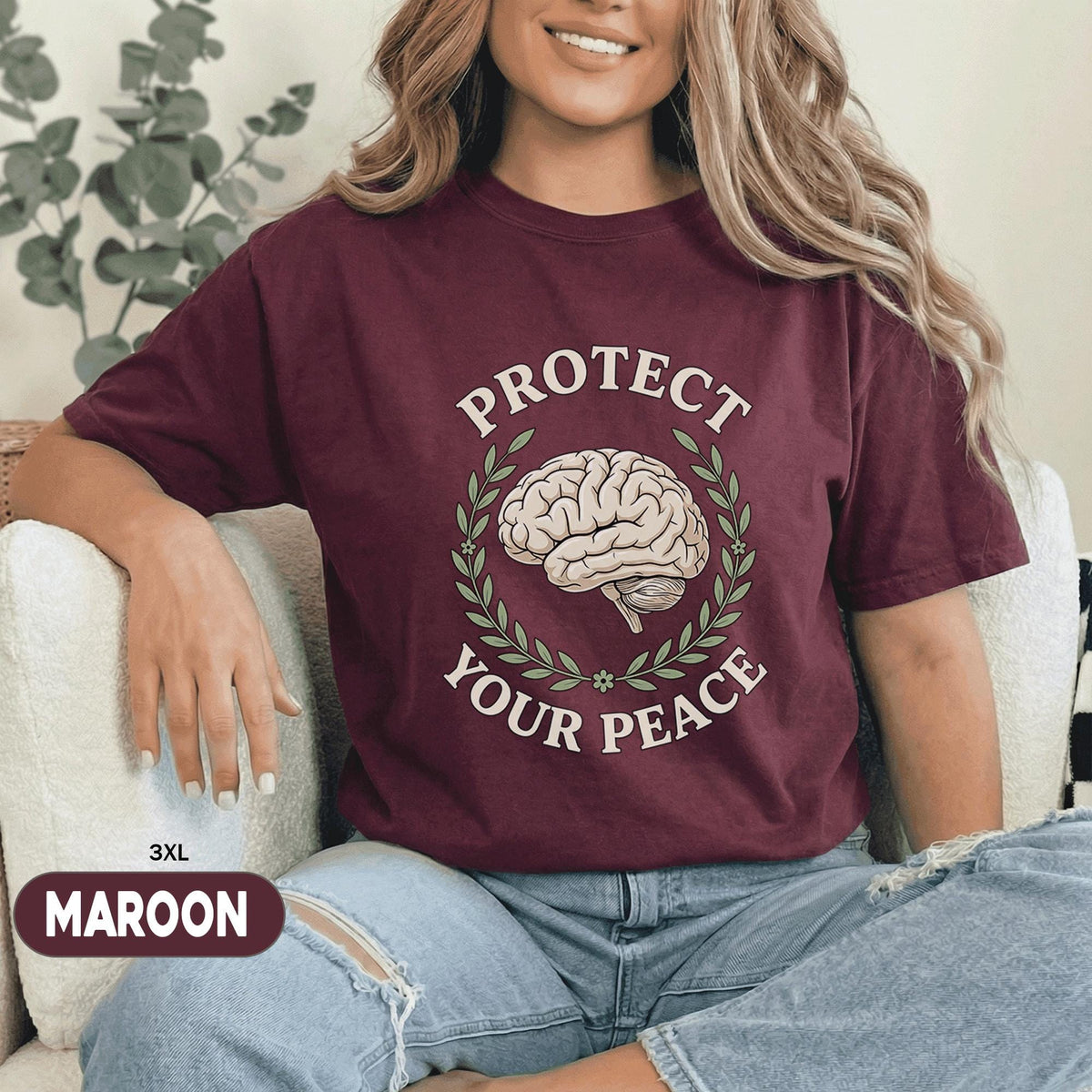 Protect Your Peace Shirt Mental Health Awareness Tee Brain Laurel Design Inspirational Self Care Quote Unisex Black T Shirt