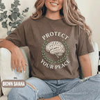 Protect Your Peace Shirt Mental Health Awareness Tee Brain Laurel Design Inspirational Self Care Quote Unisex Black T Shirt